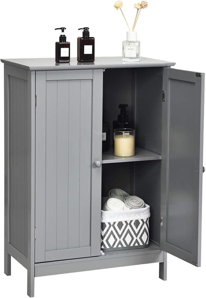 Tangkula Freestanding Storage Cabinet with Double Doors and Shelf, Modern Home Furniture, Wooden Organizer for Living Room and Bathroom, Grey