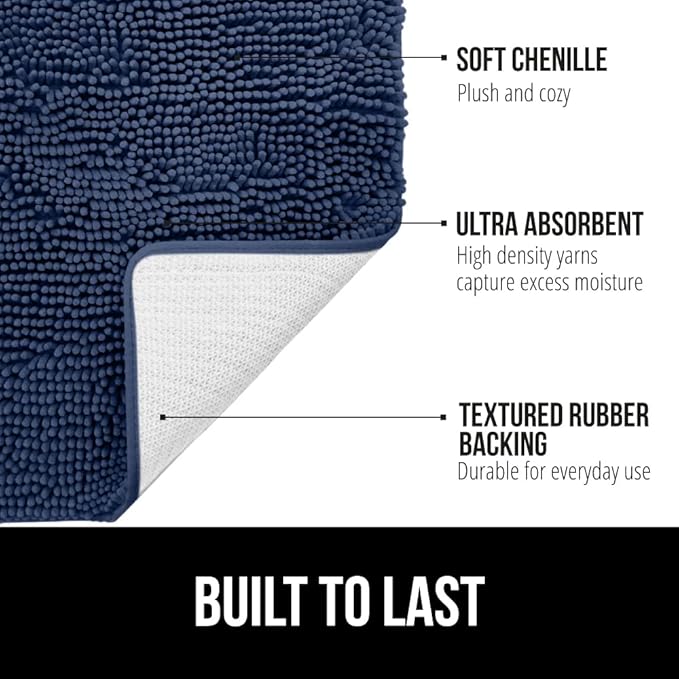 GORILLA GRIP Bath Rug Mat 30x20, Soft Absorbent Chenille, Quick Dry Microfiber Mats, Rubber Backing Washable Shower Floor Rugs, Bathmat Runner, US Designed Bathroom Home Decor Accessories Navy Blue