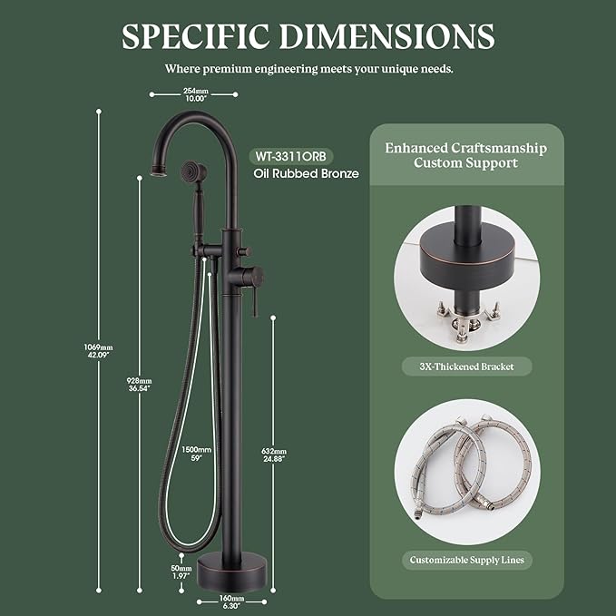 Free Standing Tub Faucet, Wintap Classic Freestanding Bathtub Faucet with Sprayer Brass Elegant Floor Mount Bath Faucets High Flow Roman Tub Filler, Oil Rubbed Bronze （WT-3311ORB）