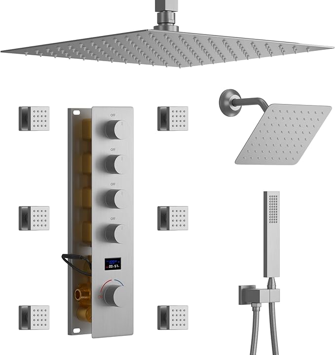 Shower System Brushed Nickel Shower Faucet Set, Digital Tempreature Display Shower Faucet with 12 inch Ceiling Mount and 8 inch Wall Mount Shower Head, with 6 PCS Body Jet, Handheld Spray
