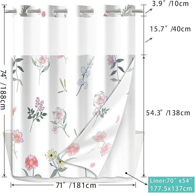No Hook Shower Curtain Set with Snap in Fabric Liner for Bathroom,with See Through Top Window,Double Shower Curtain with Detachable Liner Replacement,Machine Washable,Simple Flowers,71"x 74"