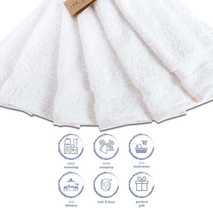 Hencely Premium 6-Pack Washcloths 12x12 Inches Soft Turkish Cotton High Absorbent and Quick Dry Dishtowel for Kitchen and Bath (Wash Cloth 6 Pack, White)