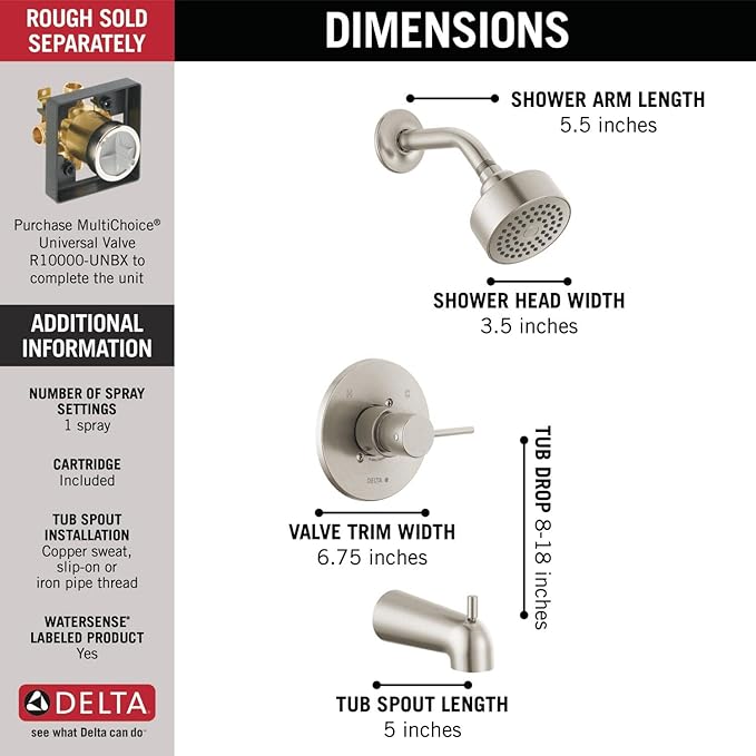 Delta Faucet Modern Brushed Nickel Tub and Shower Trim Kit, Shower Faucet with Single-Spray Touch-Clean Shower Head, Stainless T14459-SS-PP (Valve Not Included)