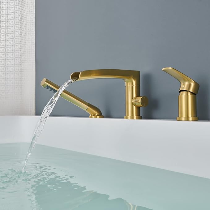 Waterfall Roman Tub Faucet Brushed Gold Deck Mount Bathtub Faucets Brass Tub Filler Bathroom Faucets with Hand Shower
