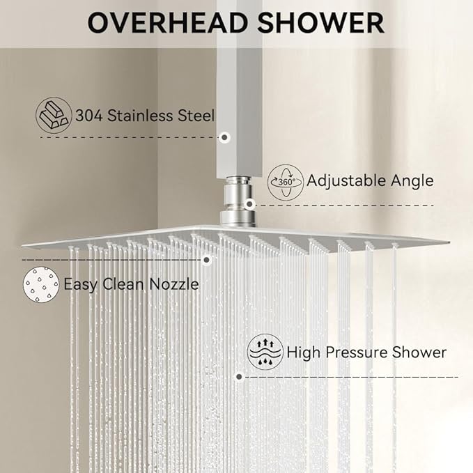 Shower Faucets Sets Brushed Nickel Shower System,12" Ceiling Rainfall Shower and 6" Wall Mount with 2 in 1 Handhled, Can Use All at Once, Thermostatic Shower Set with Valve and Trim Kit