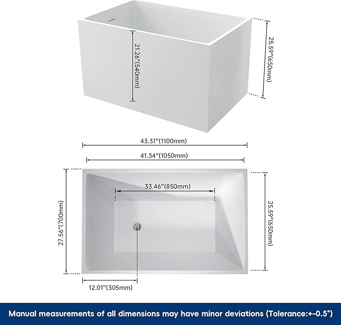 43" Acrylic Freestanding Bathtubs, Stand Alone Tub, Japanese Soaking Tub for Bathroom, Integrated Overflow and Drain, cUPC Certified, Gloss White