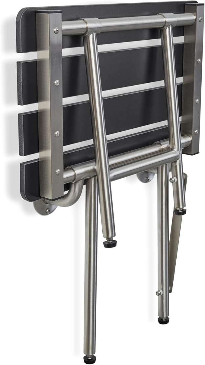 28-inch x 15-inch ADA Bariatric Folding Wall Mount Bathroom Shower Seat Bench with Legs, Black Slatted Phenolic Seat