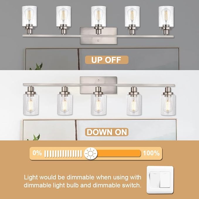 40-Inches Length Bathroom Vanity Lighting Fixtures Over Mirror in Brushed Nickel, 5-Lights Industrial Sconce Wall Lamp with Seeded Glass Shades