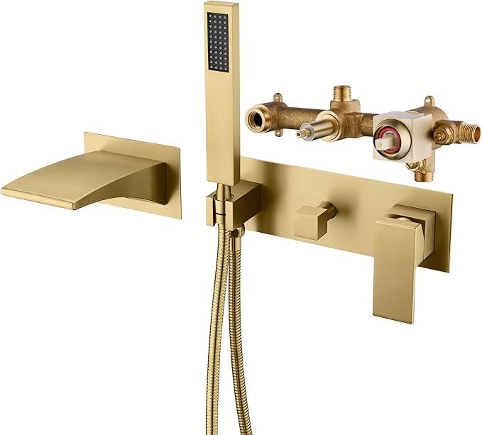 SUMERAIN Wall Mount Tub Faucet with Hand Shower, Waterfall Bathtub Faucet with Sprayer, Brushed Gold Finish, Rough-in Valve Included