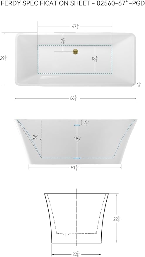 FerdY Sentosa 67" Acrylic Freestanding Bathtub, Contemporary Design Soaking Tub with Polished Gold Drain and Minimalist Linear Design Overflow, Easy to Install, 02560