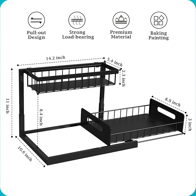 REALINN Under Sink Organizer, Pull Out Cabinet Storage 2 Tier Slide Out Sink Shelf, Kitchen Organizers and Storage, Black, 1 Pack