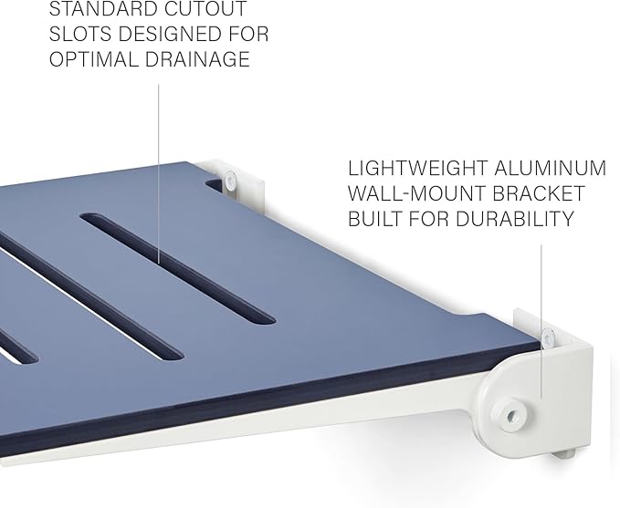 18 inch Silhouette Slimline Folding Wall Mount Shower Bench Seat, Navy Seat with White Frame