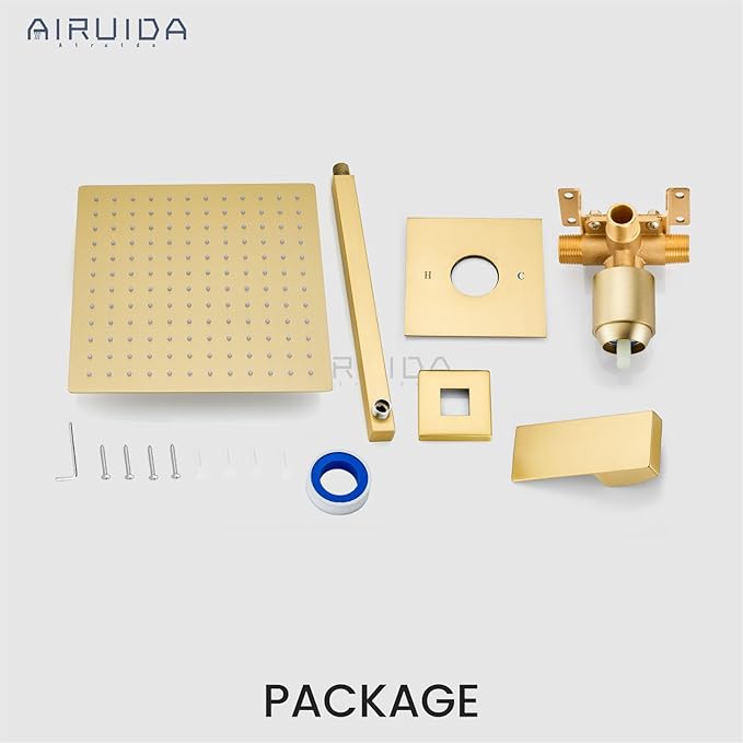 Airuida Shower Faucet Set Bathroom Rain Shower System SUS304 Stainless Steel Single Handle With Male Threads Rough-in Valve Shower Trim Kit 12 Inch Wall Mount Shower Head Brushed Gold