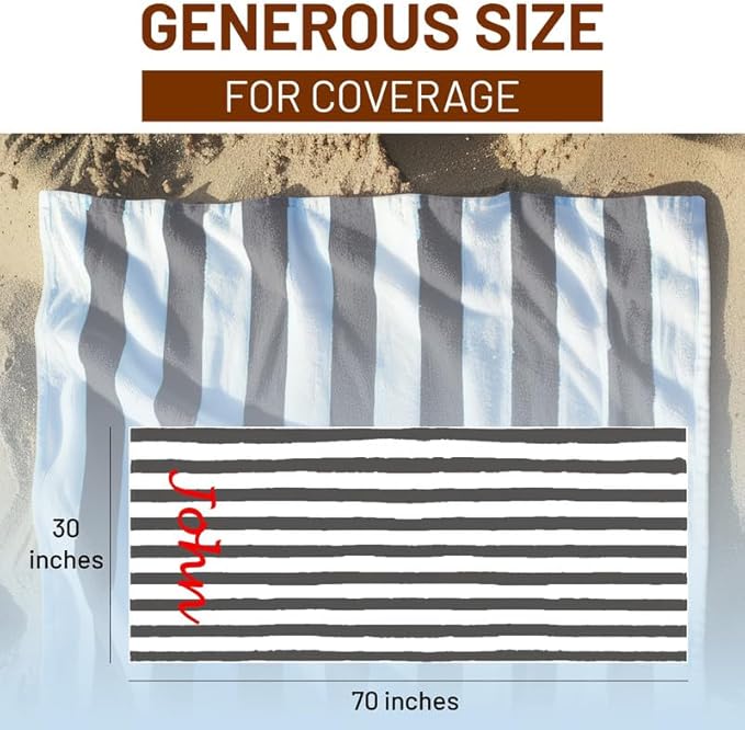 Personalized Passion Beach Towels for Adults - Custom Pool Towels with Name - Highly Absorbent Cotton - Striped Design for Women & Men - Large 70x30 Bath Sheet for Hotel, Swim & Camping - Dark Gray