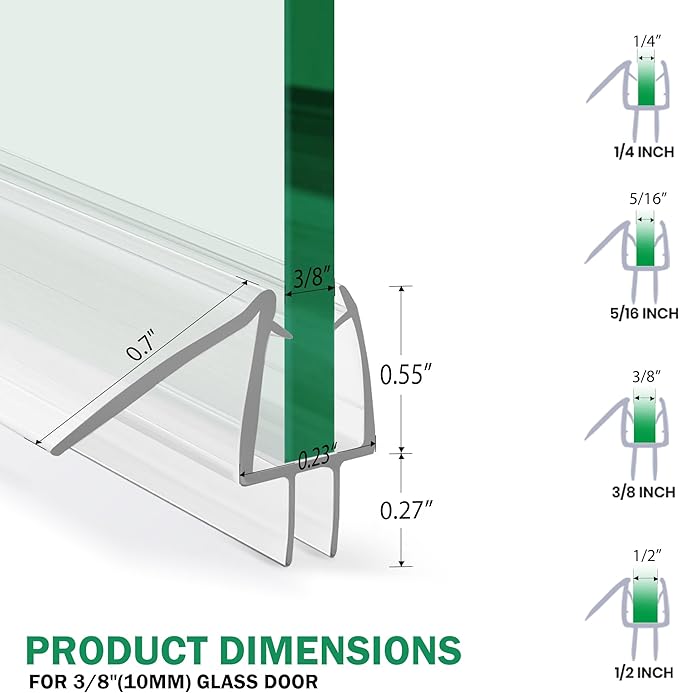 Shower Door Bottom Seal with Sweep 2Pack, 39"(990mm) Length PVC Clear Strips for 3/8"(10mm) Thick Frameless Glass Door, to Stop Water Leaking