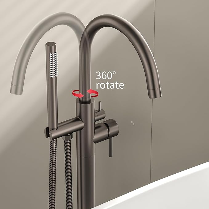 Freestanding Bathtub FaucetFloor Mount Bathtub Filler Shower Mixer Faucet with Handheld Shower Sprayer Swivel, Side Inlet，Grey
