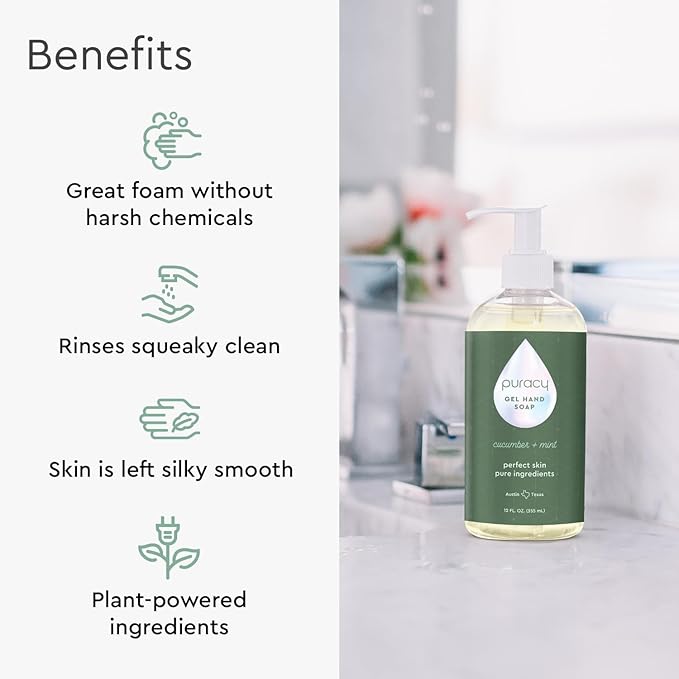 Puracy Organic Hand Soap, For the Professional Hand Washers We've All Become, Moisturizing Natural Gel Hand Wash Soap, Liquid Hand Soap Refills for Soft Skin (12 fl.oz, Cucumber & Mint) 1-Pack
