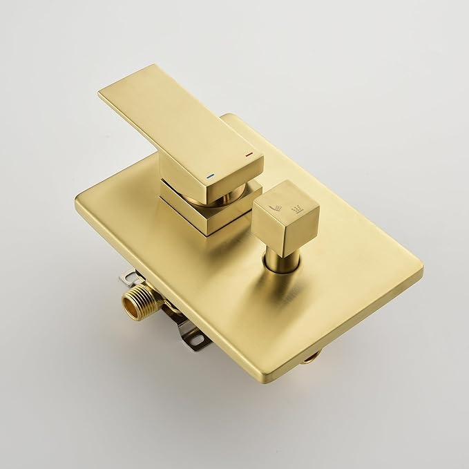 WELLFOR Brushed Gold 12" Wall Mounted Shower Faucet Set Single Handles, Dual Head Shower Faucet System with 2-way Diverter, Shower System with Handheld Spray, Rough in Valve, Hot Cold Water