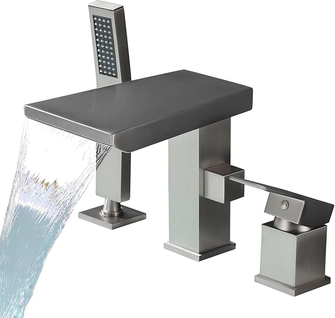 Waterfall Roman Tub Faucet with Hand Shower, Deck Mount Tub Filler Bathtub Faucet with Sprayer, Brass Widespread 3 Hole Bathtub Shower Faucet Set, Brushed Nickel