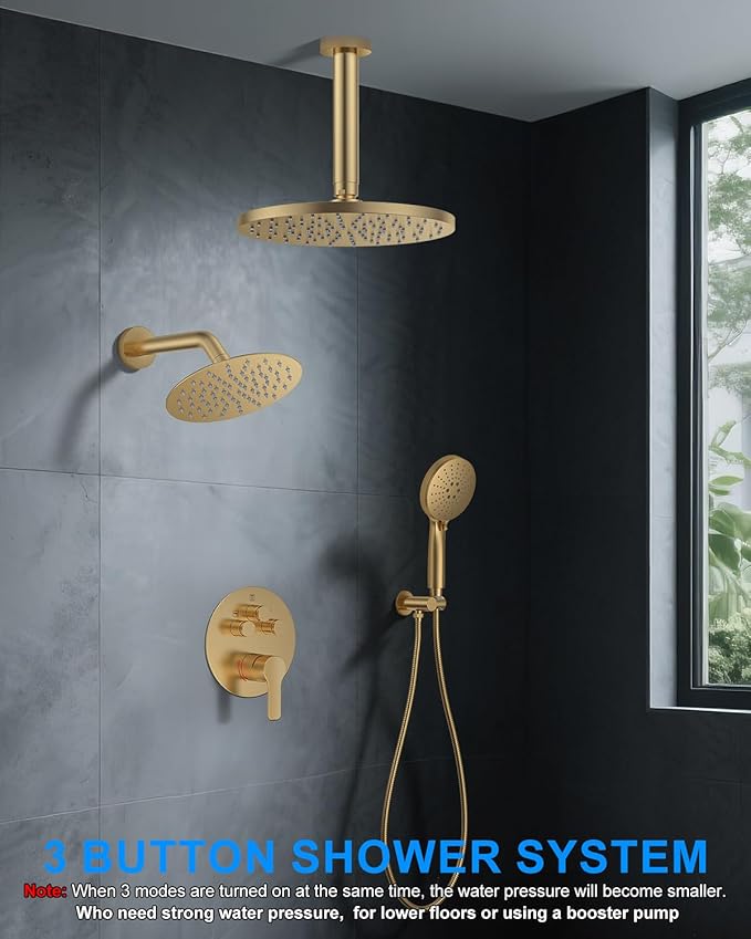 Shower System with Pressure Balance Valve, 10" Ceiling Mount Shower Faucet Set with 2 Rain Shower Head And Multi-function Handheld Head Push Button Diverter Pressure Balancing Valve Kit, Brushed Gold