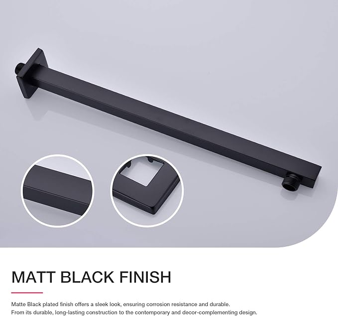 Matte Black Shower Arm with Flange 16 Inch Wall Mounted Extension Arm for Bathroom Rainfall Shower Head, Stainless Steel, Square Shaped