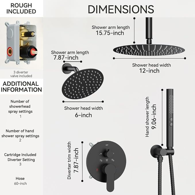 Shower Systems Shower Faucet Sets STARBATH 3 Way 12+6" Round Dual Rainfall Shower Head with Handheld Spray Combo, Ceiling Mounted Rain Shower Valve with 5 Diverter and Trim Kit Complete, Matte Black