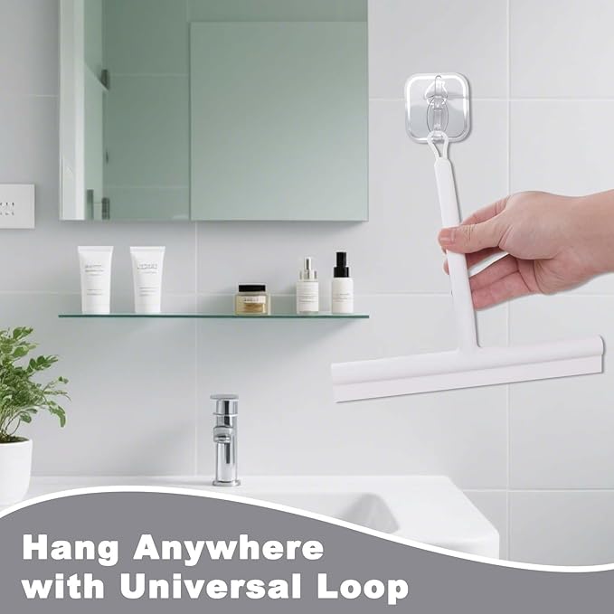 Squeegee for Shower Glass Doors, Resilient Loop - No-Drill & Adhesive Hook, Silicone Shower Squeegee with Stainless Steel Core, Cleaning Tool for Home, Kitchen, Bathroom & Car - White