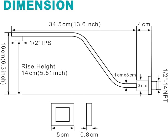 16 Inch S Shape Brushed Nickel Shower Head Arm, Square Wall Mounted Shower Arm and Flange Included