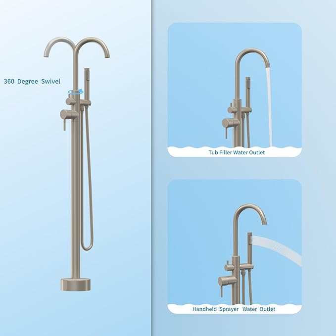 Freestanding Tub Filler Brushed Nickel Floor Mount Bathtub Faucet Bathroom,Rough-in Valve 2 Function Handshower for Tub Rinsing Bathing,Anti-Wobble Base,Cylinder Handheld