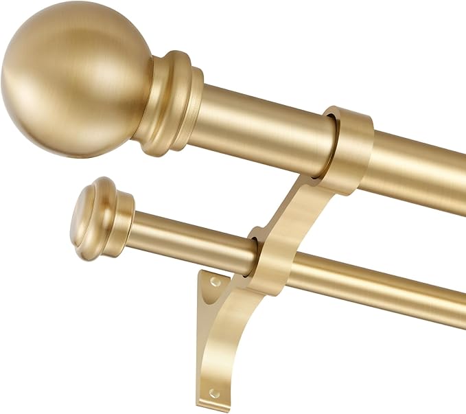 Double Curtain Rod, Adjustable 1 inch Double Drapery Rod Rods for Windows 84 to 120 inch,Ball Round Finials with Brackets Set (84-120",Gold)