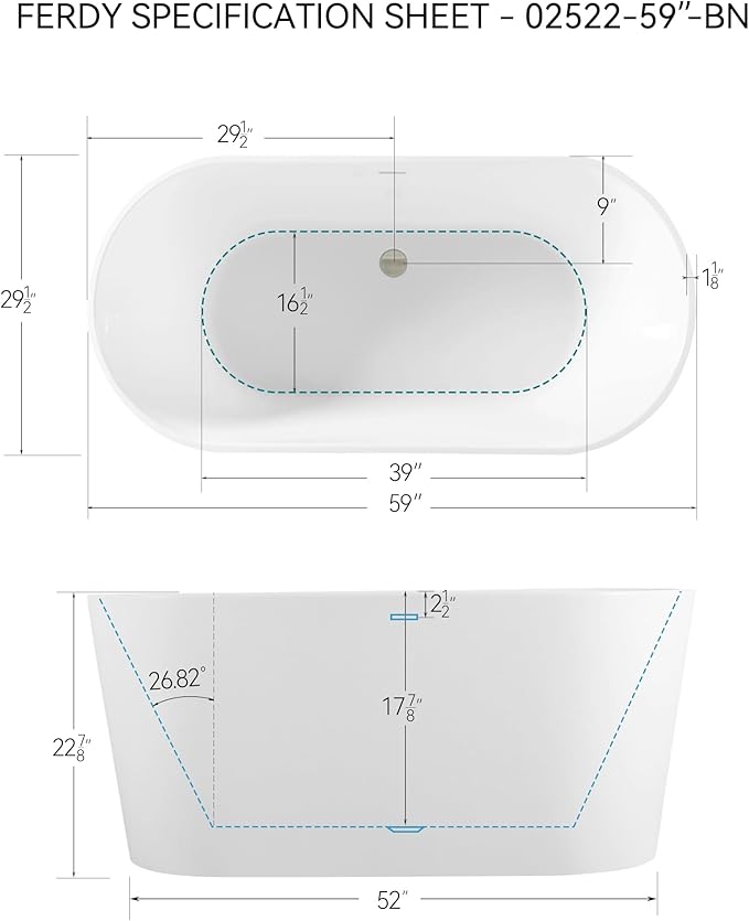 FerdY Shangri-La 59" Acrylic Freestanding Bathtub, Gracefully Shaped Soaking Bathtub, Glossy White, cUPC Certified, Brushed Nickel Drain & Minimalist Linear Design Overflow Included, 02522