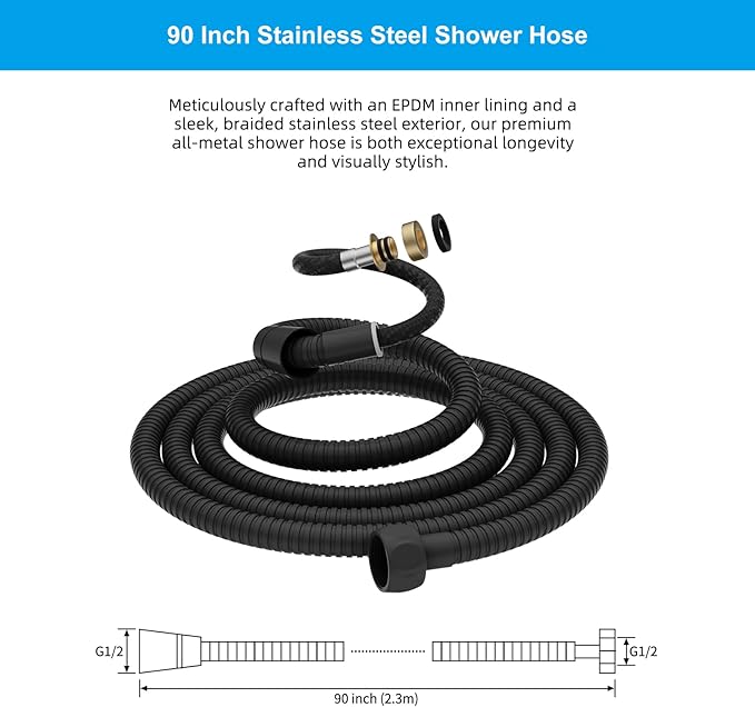 Hibbent All Metal Shower Hose, 90 Inch Stainless Steel Extra Long Shower Hose Replacement, Anti-Twist Flexible Bathroom Handheld Shower Head Hose Extension with Brass Insert & Nut, Matte Black