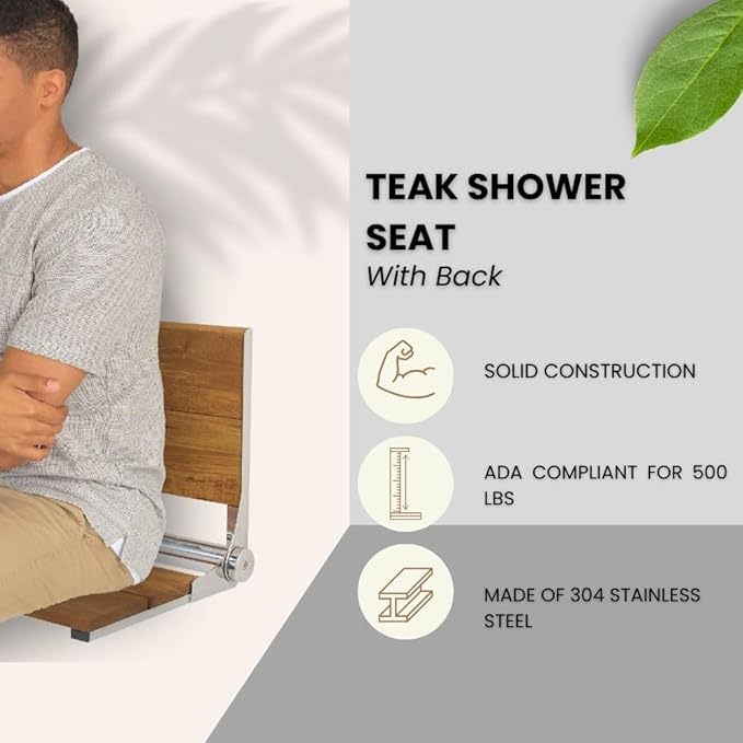 Teak Shower Seat - Contour Wood / Folding Wall Mount Bench for Inside Shower / ADA Safety Assist / 304 Stainless Steel / Polished Chrome / 18" x 16"