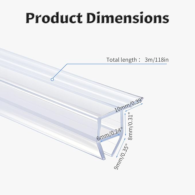 Shower Door Side Seal Strip,118 Inch Corner-Type Frameless Shower Door Seal, Corner-Type Shower Door Sweep for 1/4"(6mm) Thick Glass