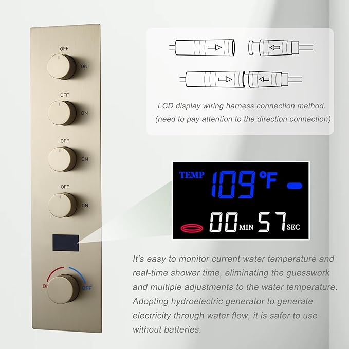 Brushed Gold Digital Display Shower System with 16X24 inch Ceiling Overhead Shower Head(Rain & Waterfall Two Modes), 4 PCS Body Jet and Handheld Spray