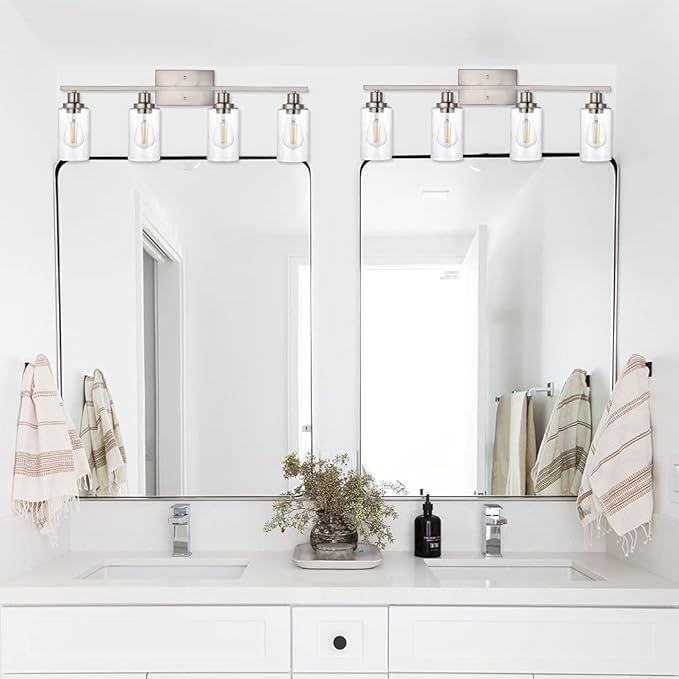 4-Lights Modern Vanity Light Fixtures for Bathroom Over Mirror, Farmhouse 31-Inches Length Seeded Glass Bath Wall Sconce Lighting in Brushed Nickel