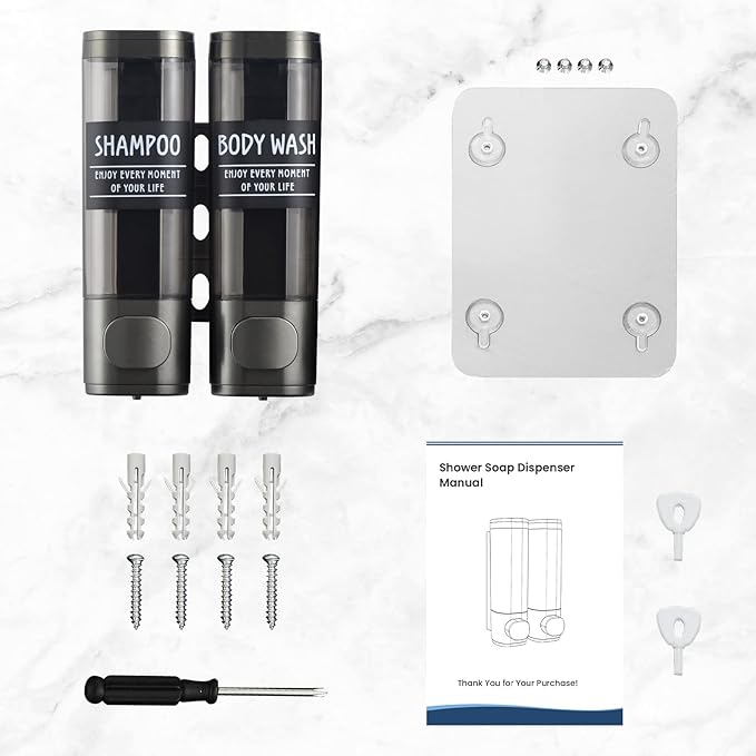 Shampoo and Conditioner Dispenser,GlintGath Shower Dispenser 2 Chamber No Drill Shampoo Dispenser for Shower Wall Mounted Shower Soap Dispenser for Bathroom Hotel,2 * 300ML,Gun Gray