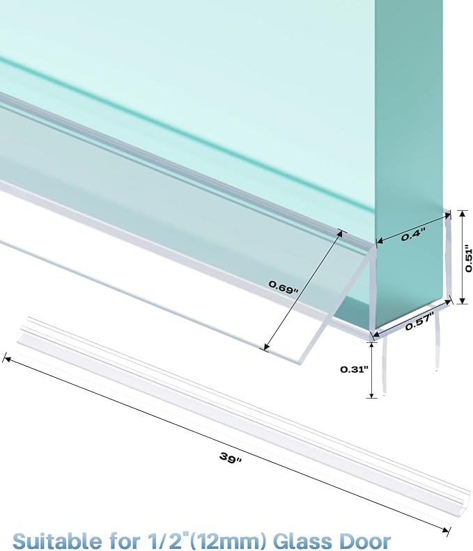 Shower Door Bottom Seal Strip, 2PCS Seal Strip, Ultra Clear PVC, 39" Length, Fits 12mm Thick Glass, Prevents Leaks, Easy Installation, No Adhesive Required (Ultra Clear, 39in for 1/2"(12mm) Door)