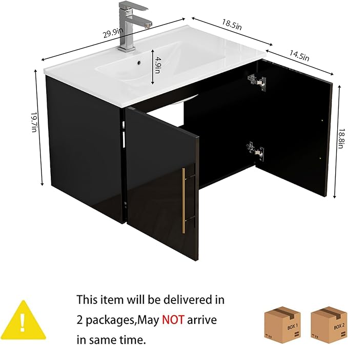 30" Wall Mounted Bathroom Vanity with Sink, High Gloss Black Floating Cabinet, Modern Gold Handles, Soft Close Doors, Integrated Ceramic Top for Powder Room