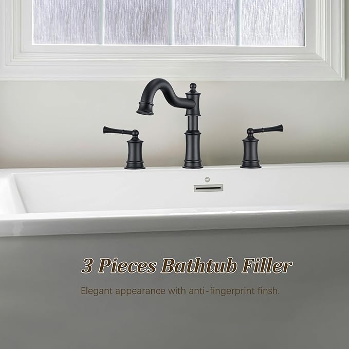 Roman Tub Faucet Classic Widespread Deck Mount Bathtub Faucet 3 Holes Brass High Flow Tub Filler, Rough in Valve Included, Matte Black