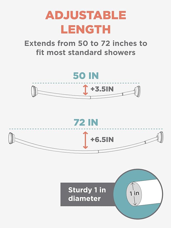 Zenna Home Curved Shower Curtain Rod, No Drill, 50-72 Inch Adjustable Tension Shower Rod for Bathroom, Rustproof, 1-Inch Diameter, Non Slip, Easy Install, Adds Space in Shower, Chrome