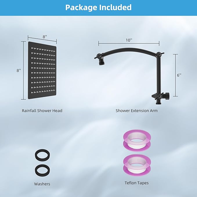 Hibbent All Metal Rain Shower Head, 8'' High Pressure Rainfall Showerhead with 16" Shower Head Extension Arm, Solid Brass Adjustable Shower Arm Extender, Waterfall fixed Showerheads, Matte Black