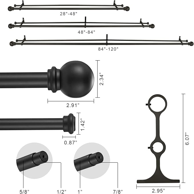 Double Curtain Rod 28 to 48 inch, Adjustable 1 inch Double Drapery Rod Rods for Windows and Doors with Ball Round Finials and Premium Aluminum Brackets Set (28-48",Matte Black)