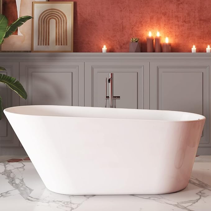 61" Acrylic Freestanding Bathtub, Single Slipper Free Standing Tub, Soaking Tub with Integrated Slotted Overflow, Toe-Tap Chrome Drain, cUPC Certified, Glossy White