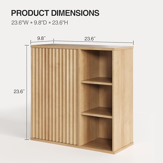 Fluted Bathroom Wall Cabinet, Small Medicine Wall Cabinet with Doors and Adjustable Shelves, Kitchen Wall Mounted Storage Cabinet, Floating Space Saver Over Toilet, Natural
