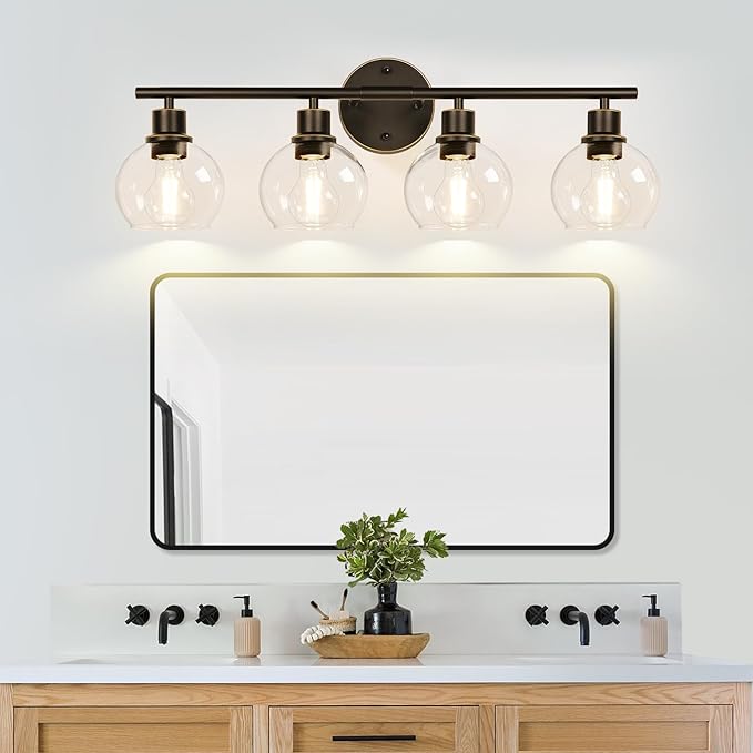 4-Light Bathroom Light Fixtures, Oil Rubbed Bronze Bathroom Lights Over Mirror with Clear Glass Globe Shade, Vanity Lights for Bathroom Kitchen Living Room Hallway Cabinet Bedroom Porch