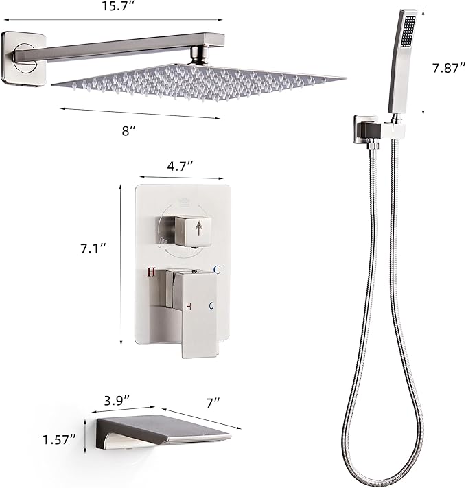 Shower Faucet Set Complete with Tub Spout Shower System Wall Mounted with 8 inch Rainfall Shower Head and Handheld Shower Rain Shower Combo for Bathroom, Brushed Nickel