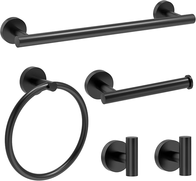 Matte Black Bathroom Accessories, Towel Bar Set 5 Pieces, SUS304 Stainless Steel Bathroom Hardware Set, 16 Inch Towel Bar for Bathroom Wall, Toilet PaperHolder and Towel Holder Set