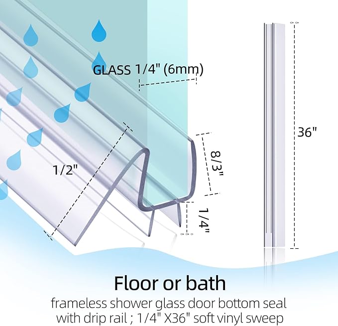 POZIA Shower Door Bottom Seal Frameless Glass Shower Door Seal Strip Clear Vinyl Durable Stop Shower Leaks and Create a Water Barrier Ultra Clear (2PACK-1/4in)