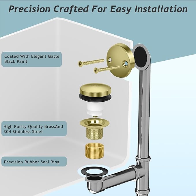 Tip-Toe Bathtub Drain Kit with Two-Hole Overflow Plate, Premium Quality Bath Tub Drain Replacement, Universal Fine/Coarse Thread Bathtub Stopper (Brushed Gold)